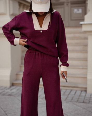 Bluza ze stójką i szerokie spodnie z kieszeniami bordo (VE107)