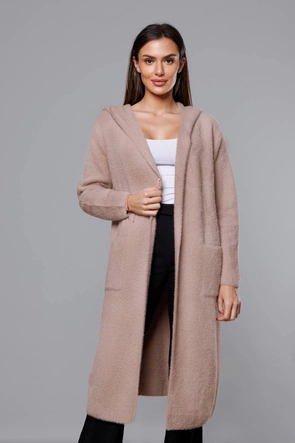 Długa wełniana narzutka alpaka z kapturem beż (M105-1)