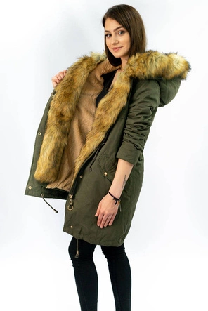 CIEPŁA PARKA DAMSKA ZIMOWA  Z PODPINKĄ KHAKI (XW162X)