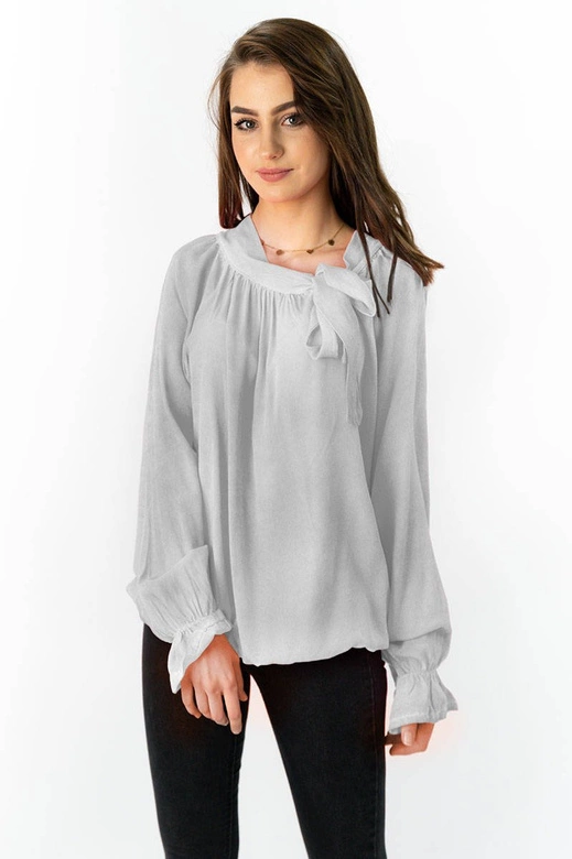 BAWEŁNIANA BLUZKA Z WIĄZANĄ STÓJKĄ SZARA (298ART)