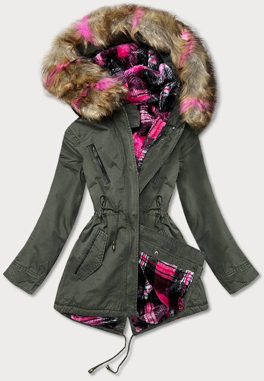 Zimowa parka damska z kapturem khaki-róż (d-238#)