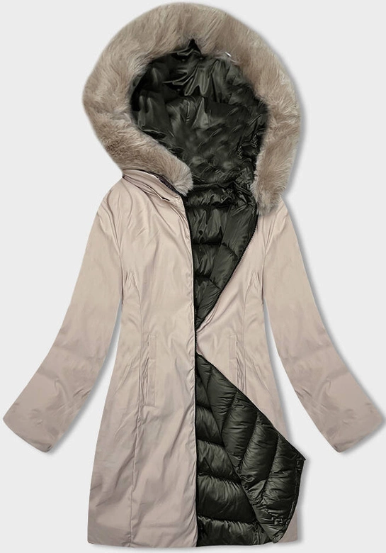 Zimowa dwustronna kurtka damska z kapturem khaki-beż (B8203-11046)