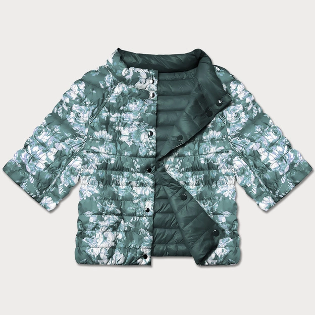 Dwustronna kurtka damska plus size z rękawem 3/4 Minority ciemny miętowy/kwiaty (M23-7010-253)