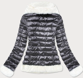 Kurtka damska z futrzanym kołnierzem stalowa (j9-008)