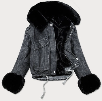 DAMSKA KURTKA JEANSOWA Z FUTRZANĄ PODPINKĄ CZARNA (9020#)