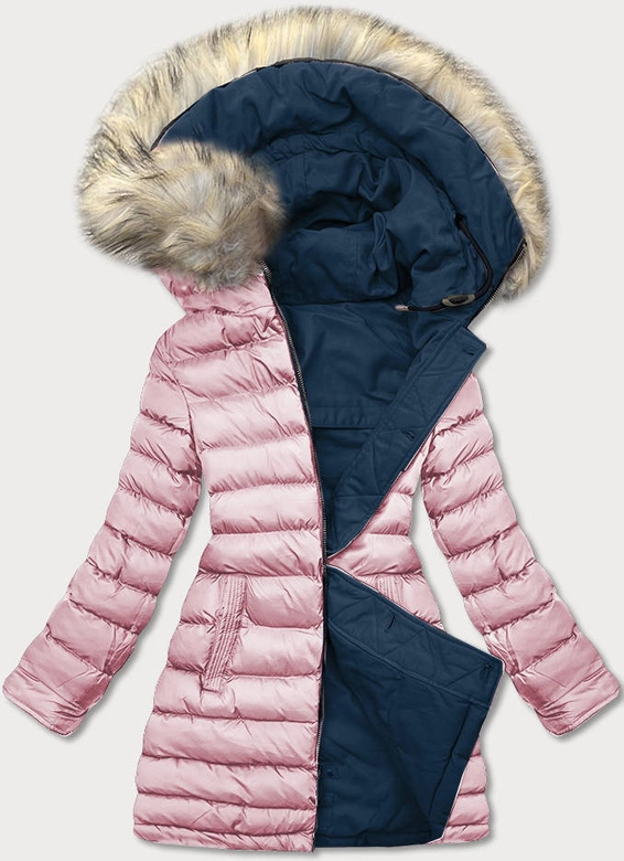 Dwustronna damska kurtka zimowa z kapturem granatowo-różowa (w631)