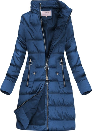 PIKOWANA KURTKA DAMSKA ZIMOWA Z KAPTUREM CIEMNONIEBIESKA (W701)