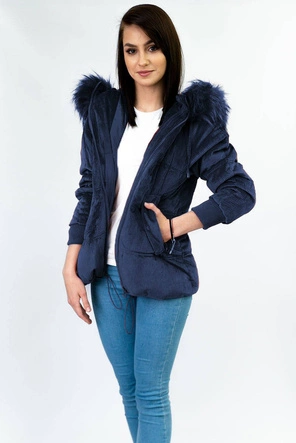 Sztruksowa damska kurtka z kapturem granatowa (7696)