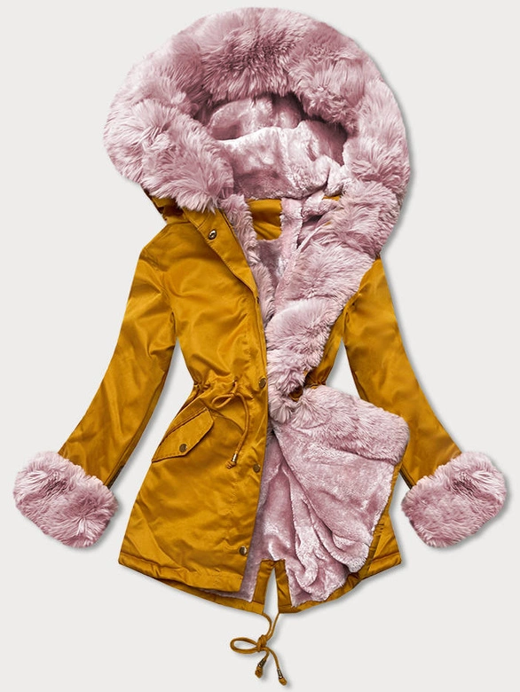DAMSKA KURTKA PARKA NA FUTERKU MUSZTARDOWA (WM888)