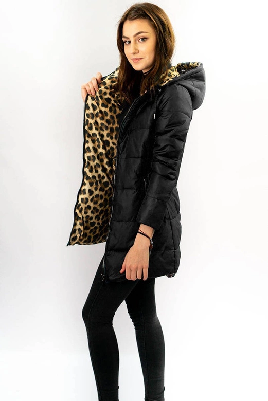 DWUSTRONNA KURTKA DAMSKA Z KAPTUREM CZARNA W PANTERKĘ (W352)