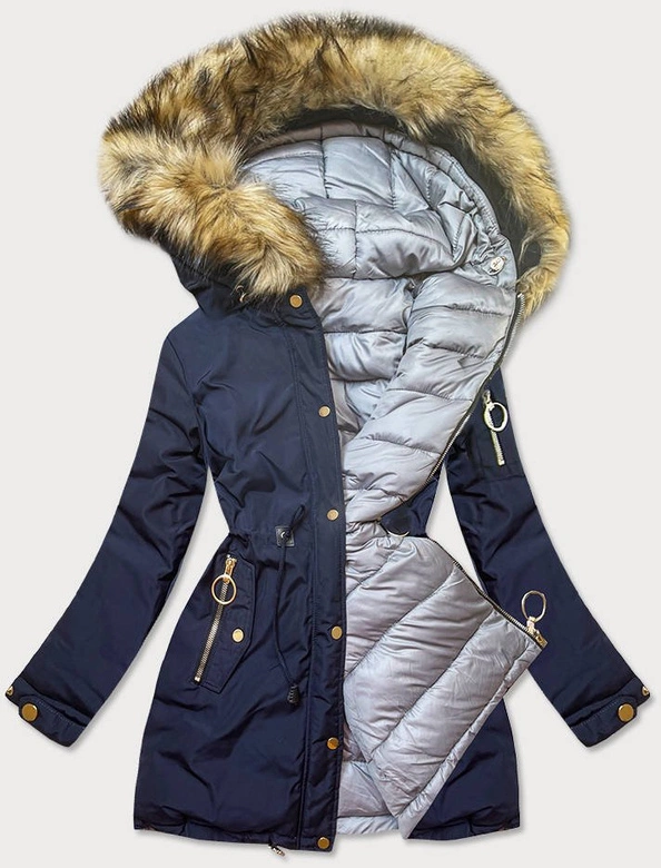 DWUSTRONNA KURTKA DAMSKA ZIMOWA Z KAPTUREM GRANATOWA (W707/1)