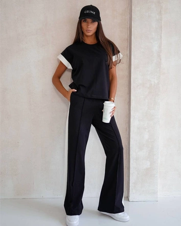 Komplet sportowy z kontrastowymi wstawkami czarny (VE99)