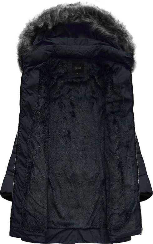 DŁUŻSZA ZIMOWA KURTKA DAMSKA Z KAPTUREM GRANATOWA (B9902)