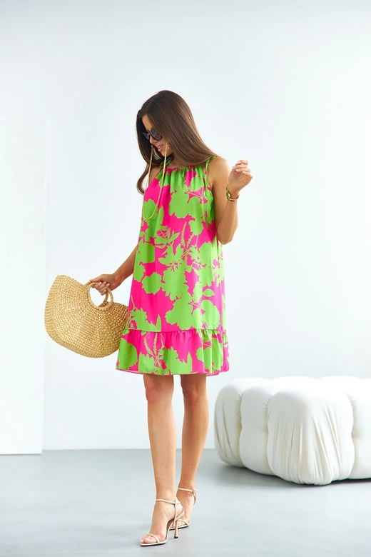 Sukienka z falbaną zielono-różowa (653)