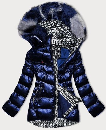 BŁYSZCZĄCA KURTKA ZIMOWA Z WZORZYSTYMI WSTAWKAMI GRANATOWA (XW809X)