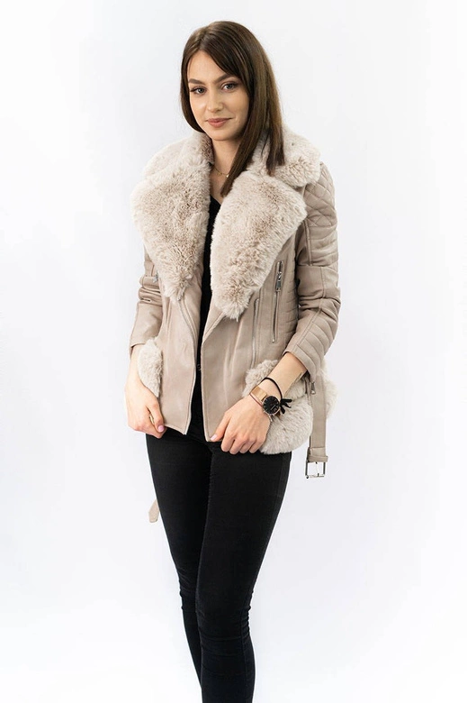 RAMONESKA Z FUTRZANYM KOŁNIERZEM BEŻOWA (0580)