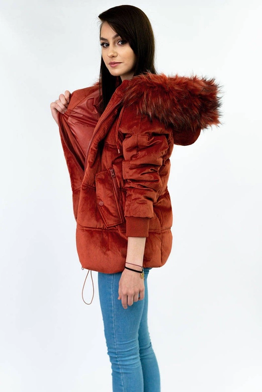 Sztruksowa damska kurtka z kapturem ruda (7696)