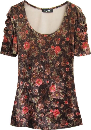 WELUROWA BLUZKA W KWIATY BRĄZOWO-ZIELONA (3682/9)