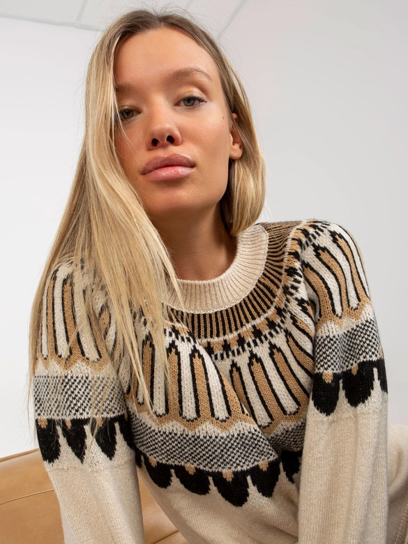 Casualowy sweter we wzory beżowy (0342)