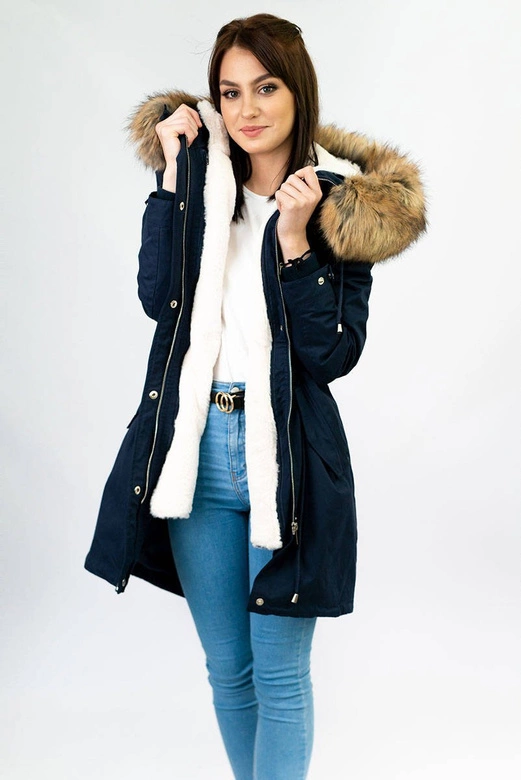 Zimowa damska parka z podpinką i kapturem granatowa (7626)