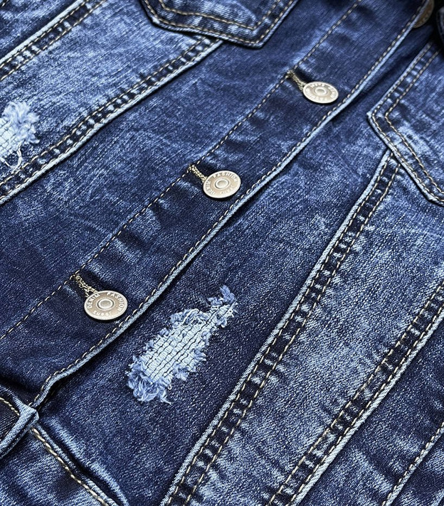 KURTKA DAMSKA JEANSOWA DENIM Z PRZETARCIAMI GRANATOWA (GD6338)