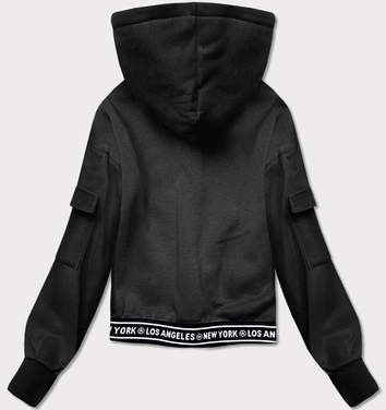 Krótka bluza dresowa damska ze ściągaczami czarna (26030)