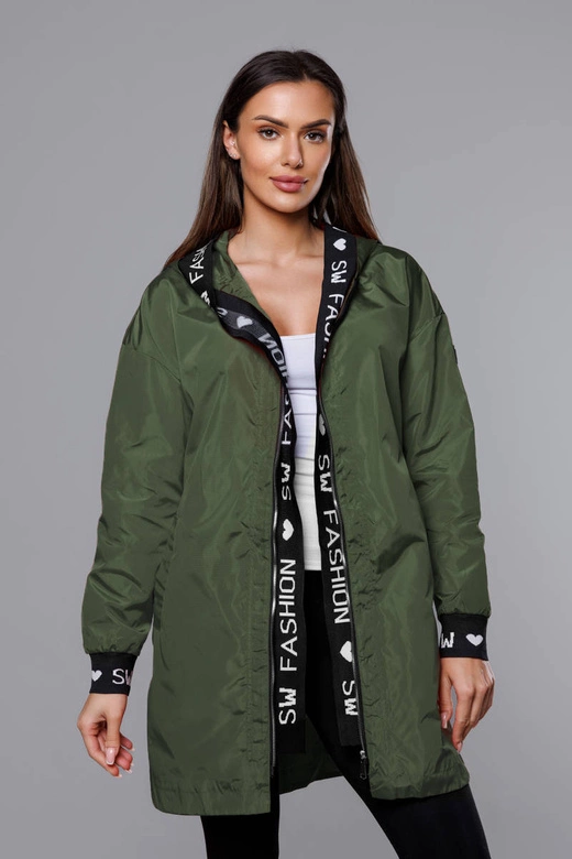 Cienka kurtka damska z ozdobną lamówką khaki (B8145-11)