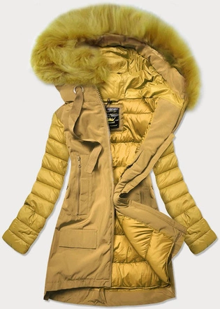 Zimowa kurtka damska z łączonych materiałów żółta (7708)