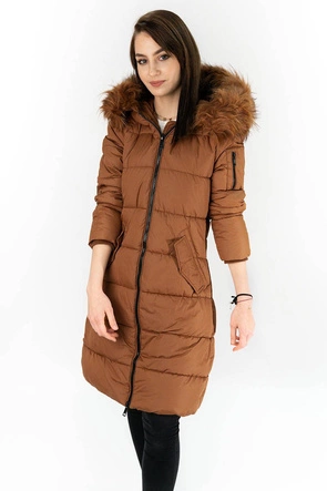 DŁUGA PIKOWANA KURTKA DAMSKA ZIMOWA Z KAPTUREM RUDA (7751)