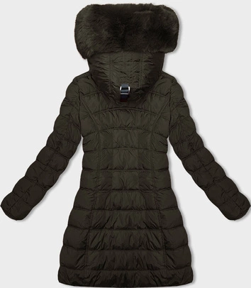 Zimowa kurtka damska z kapturem khaki (2M-21013)