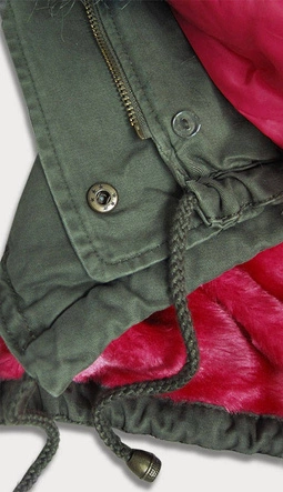ZIMOWA PARKA DAMSKA Z KOLOROWYM FUTREM KHAKI-CZERWONA (D-216#)