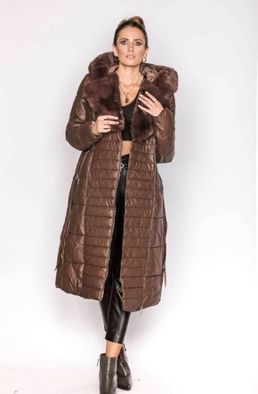 KURTKA DAMSKA Z FUTRZANYM KOŁNIERZEM BRĄZOWA (AG6-28)