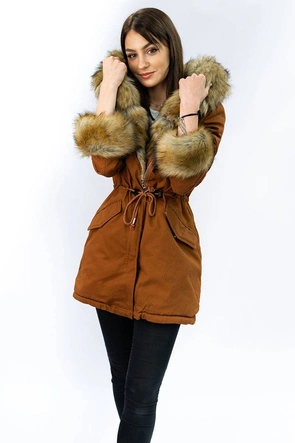 Bawełniana damska parka zimowa z futrem karmelowa (xw793x)
