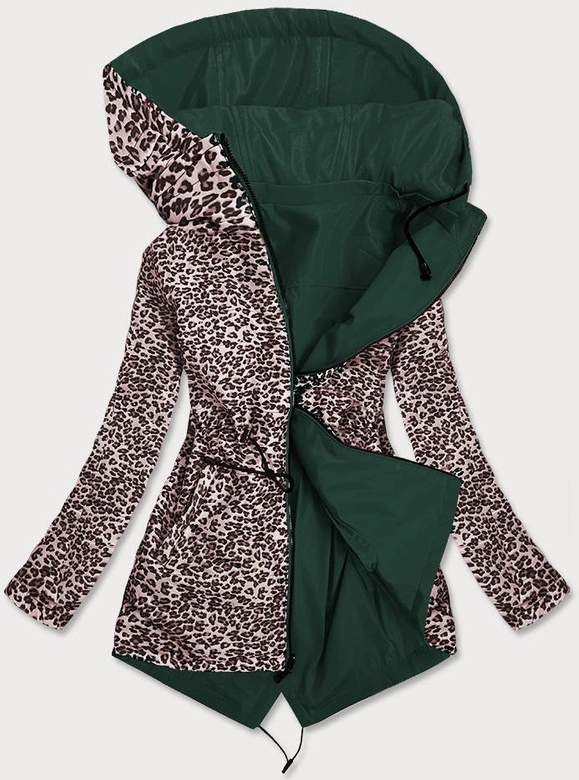 DWUSTRONNA DAMSKA KURTKA Z KAPTUREM ZIELONA-PANTERKA (SS66-1)