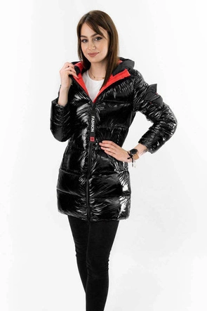 BŁYSZCZĄCA ZIMOWA KURTKA DAMSKA CZARNO-CZERWONA (R9545)