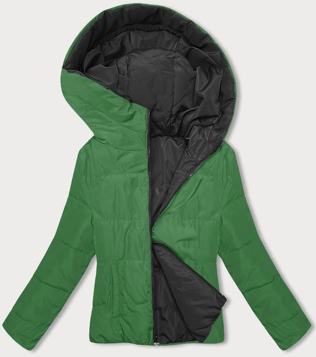 Dwustronna krótka kurtka z kapturem czarno-zielona (B8181-1082)
