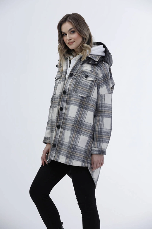 Damska kurtka koszulowa w kratę ecru/szara (AG3-1813)