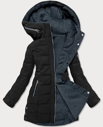 CIEPŁA DWUSTRONNA KURTKA DAMSKA ZIMOWA CZARNO-GRAFITOWA (M-21315)