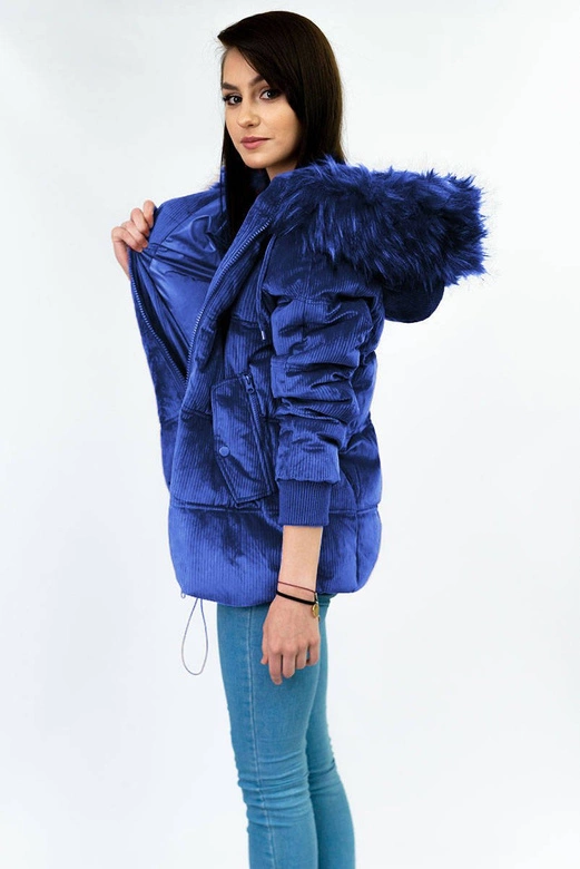 Sztruksowa damska kurtka z kapturem chabrowa (7696)