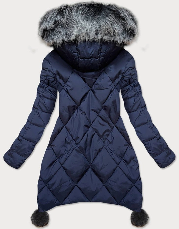 KURTKA DAMSKA ZIMOWA Z WYDŁUŻONYMI BOKAMI GRANATOWA (GWW6788X)