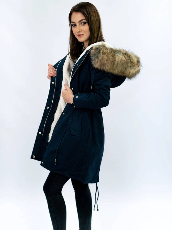 Zimowa damska parka z podpinką i kapturem granatowa (7626)
