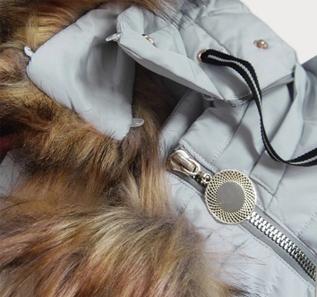 PIKOWANA KURTKA DAMSKA ZIMOWA  Z KAPTUREM SZAROMIĘTOWA (W721)