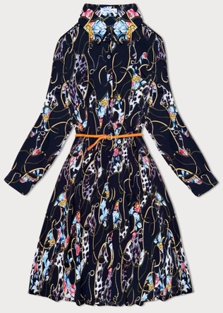 Plisowana sukienka z kołnierzykiem granatowa w kwiaty (Z-56)