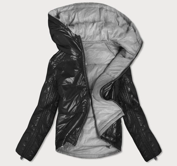 DWUSTRONNA BŁYSZCZĄCA KURTKA DAMSKA CZARNO-SZARA (B9553)