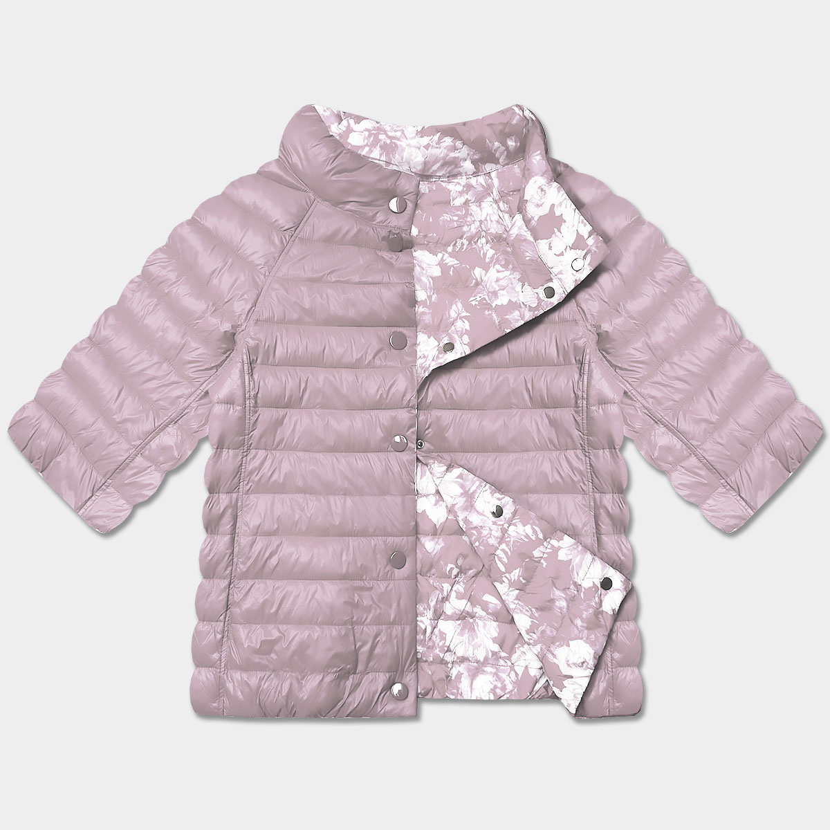 Dwustronna kurtka damska plus size z rękawem 3/4 Minority brudny róż/kwiaty (M23-7010-52)