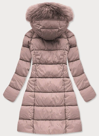 Długa pikowana kurtka damska zimowa z kapturem antyczny róż (7751BIG)