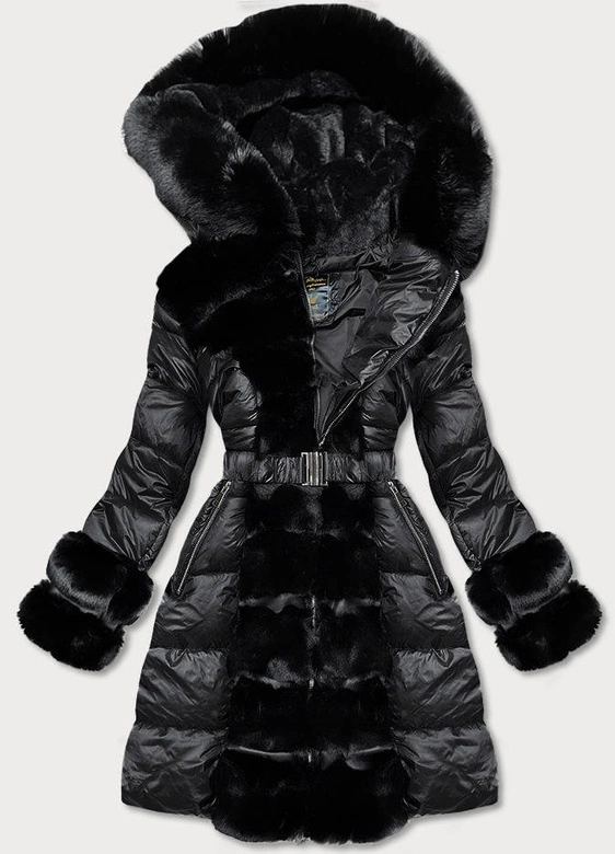 Kurtka zimowa damska z ozdobnym futrem czarna (7729)