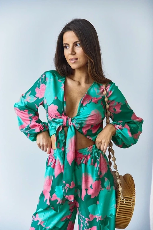 Zestaw wiązana bluzka i szerokie spodnie zielony (8175)