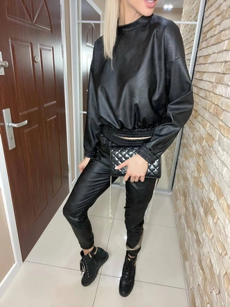 ELEGANCKI KOMPLET DAMSKI BLUZKA + SPODNIE EKOSKÓRA CZARNY (666ART)