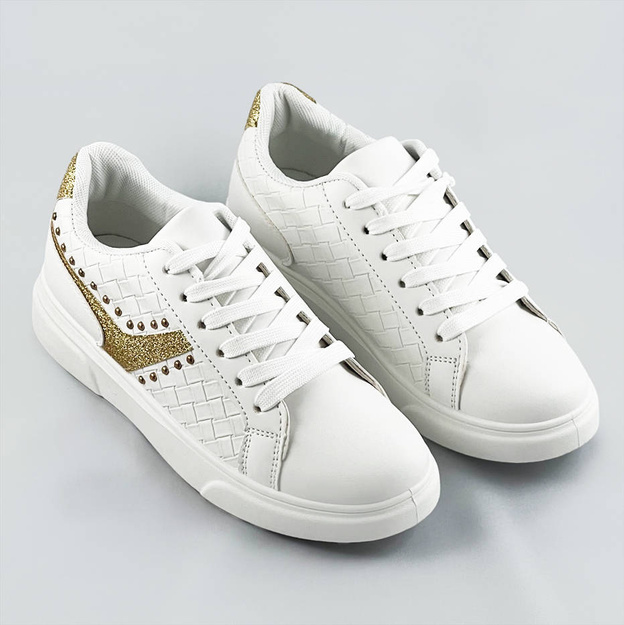 Sznurowane sneakersy damskie biało-złote (rc-03)